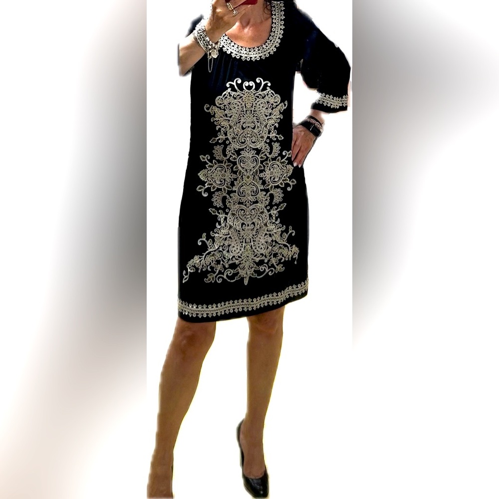 Women’s black embroidered boho dress with scoop neck 3/4 bell sleeves Size S/M